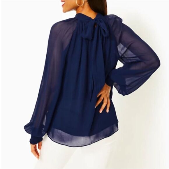 LILLY PULITZER | NEW Ellielynn Sheer Long Sleeve Navy Blue Blouse Women’s Size 2 - Picture 1 of 11
